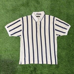 VTG 90's Tommy Hilfiger Logo Off White Navy Striped Polo Shirt - Large